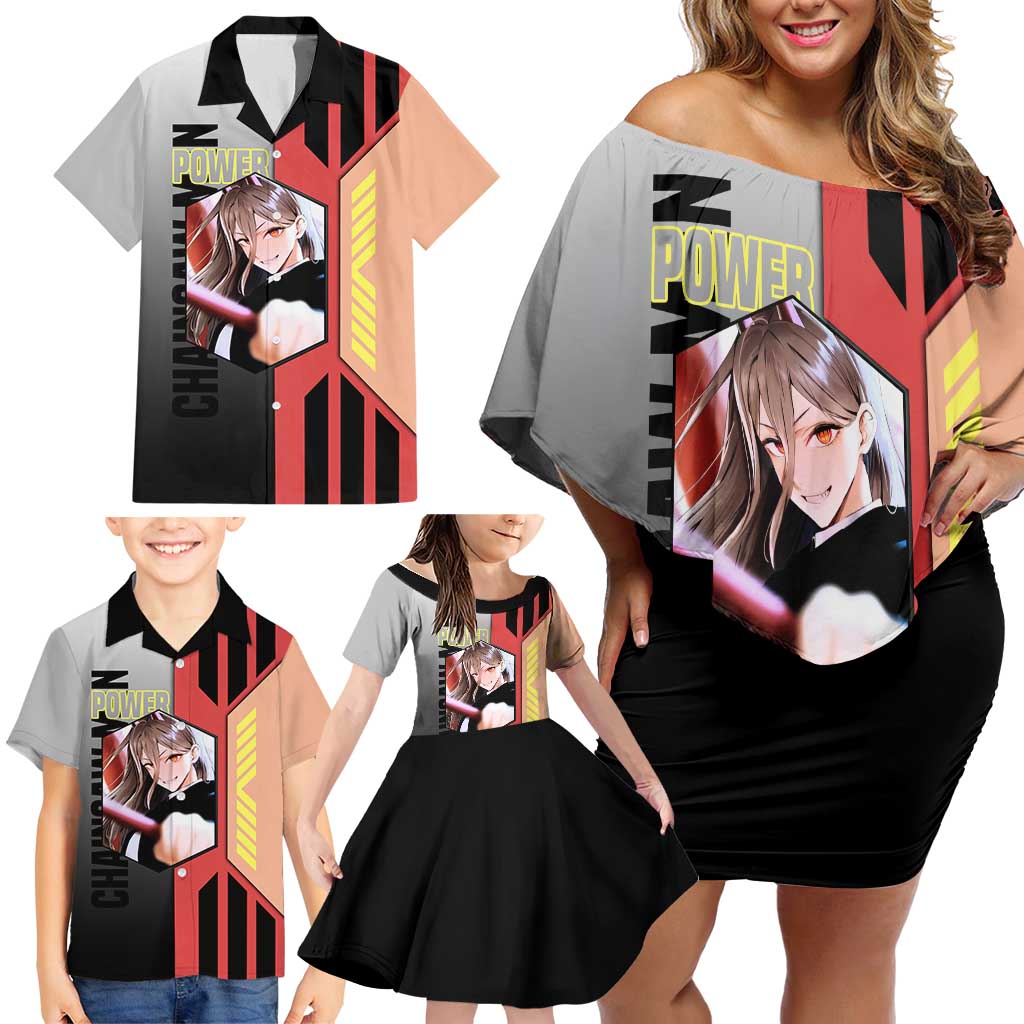 Power from Chainsaw Man Family Matching Off Shoulder Short Dress and Hawaiian Shirt with Cat in Hand and Stylish Pose Design - The Mazicc