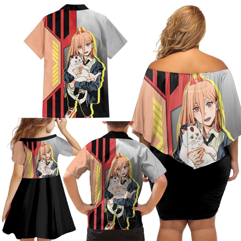 Power from Chainsaw Man Family Matching Off Shoulder Short Dress and Hawaiian Shirt with Cat in Hand and Stylish Pose Design - The Mazicc