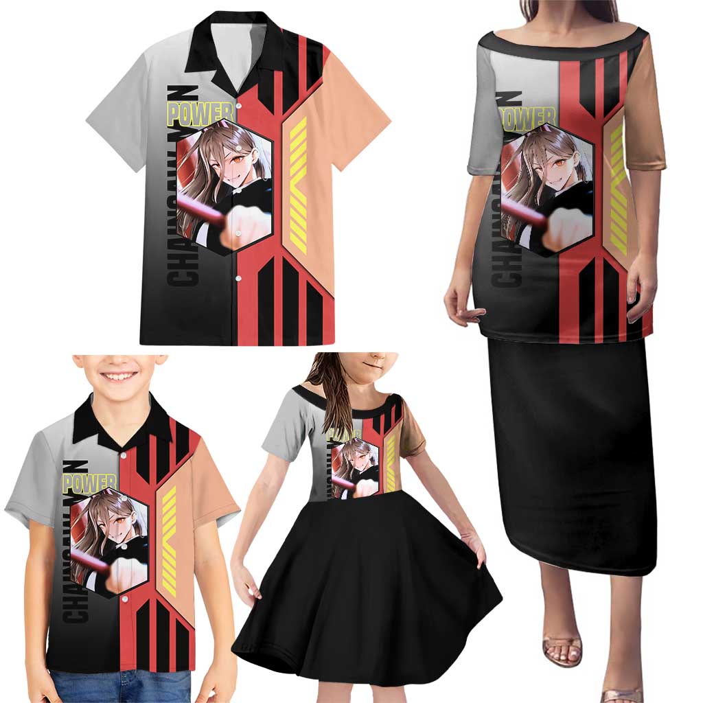 Power from Chainsaw Man Family Matching Puletasi and Hawaiian Shirt with Cat in Hand and Stylish Pose Design - The Mazicc