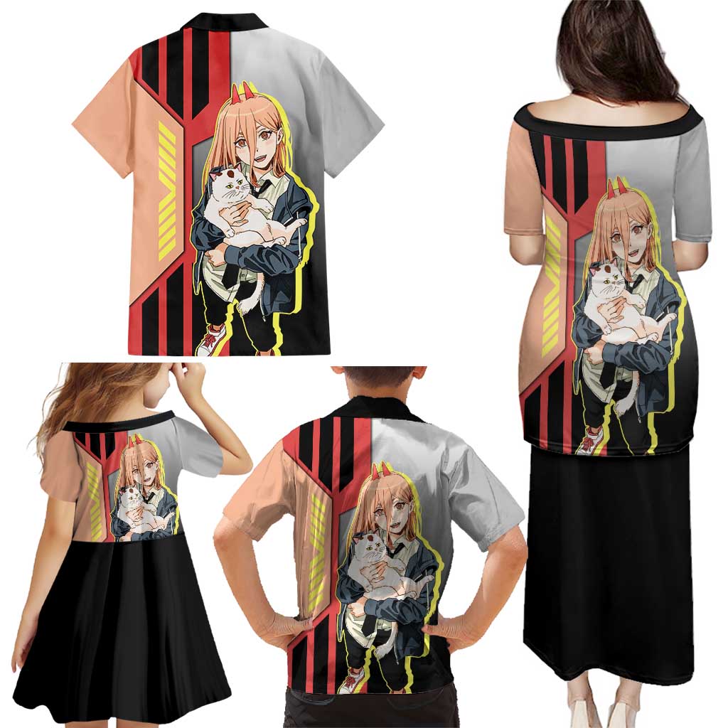 Power from Chainsaw Man Family Matching Puletasi and Hawaiian Shirt with Cat in Hand and Stylish Pose Design - The Mazicc