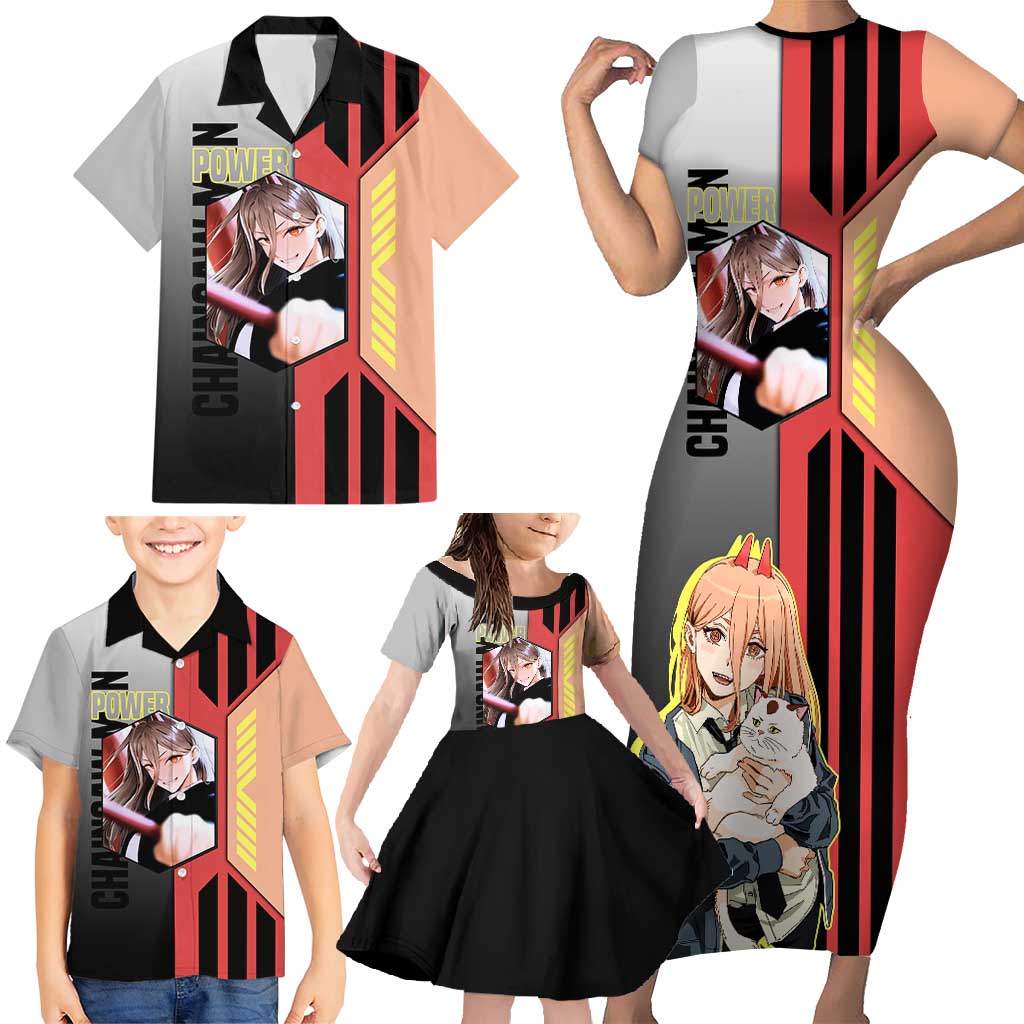 Power from Chainsaw Man Family Matching Short Sleeve Bodycon Dress and Hawaiian Shirt with Cat in Hand and Stylish Pose Design - The Mazicc