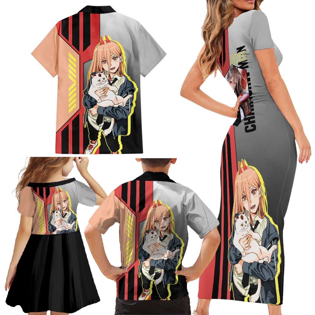 Power from Chainsaw Man Family Matching Short Sleeve Bodycon Dress and Hawaiian Shirt with Cat in Hand and Stylish Pose Design - The Mazicc