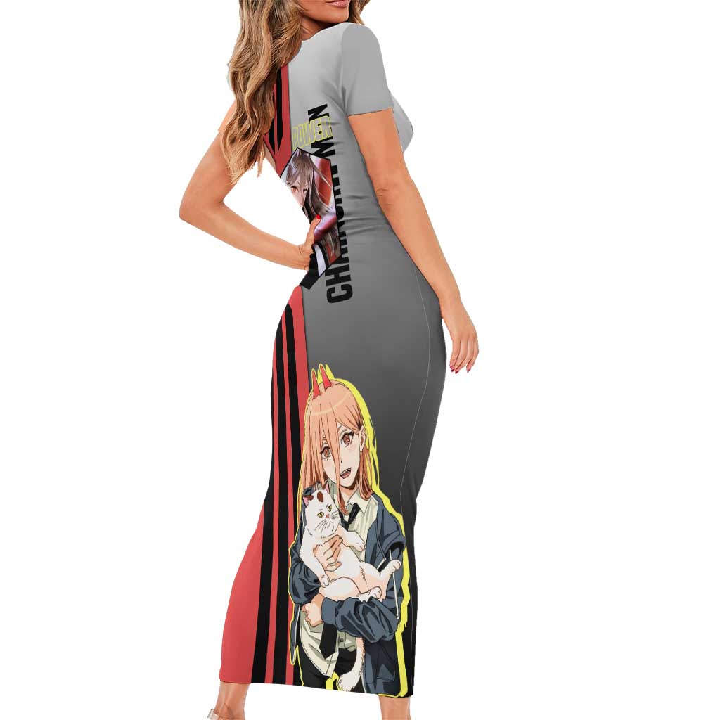 Power from Chainsaw Man Family Matching Short Sleeve Bodycon Dress and Hawaiian Shirt with Cat in Hand and Stylish Pose Design - The Mazicc