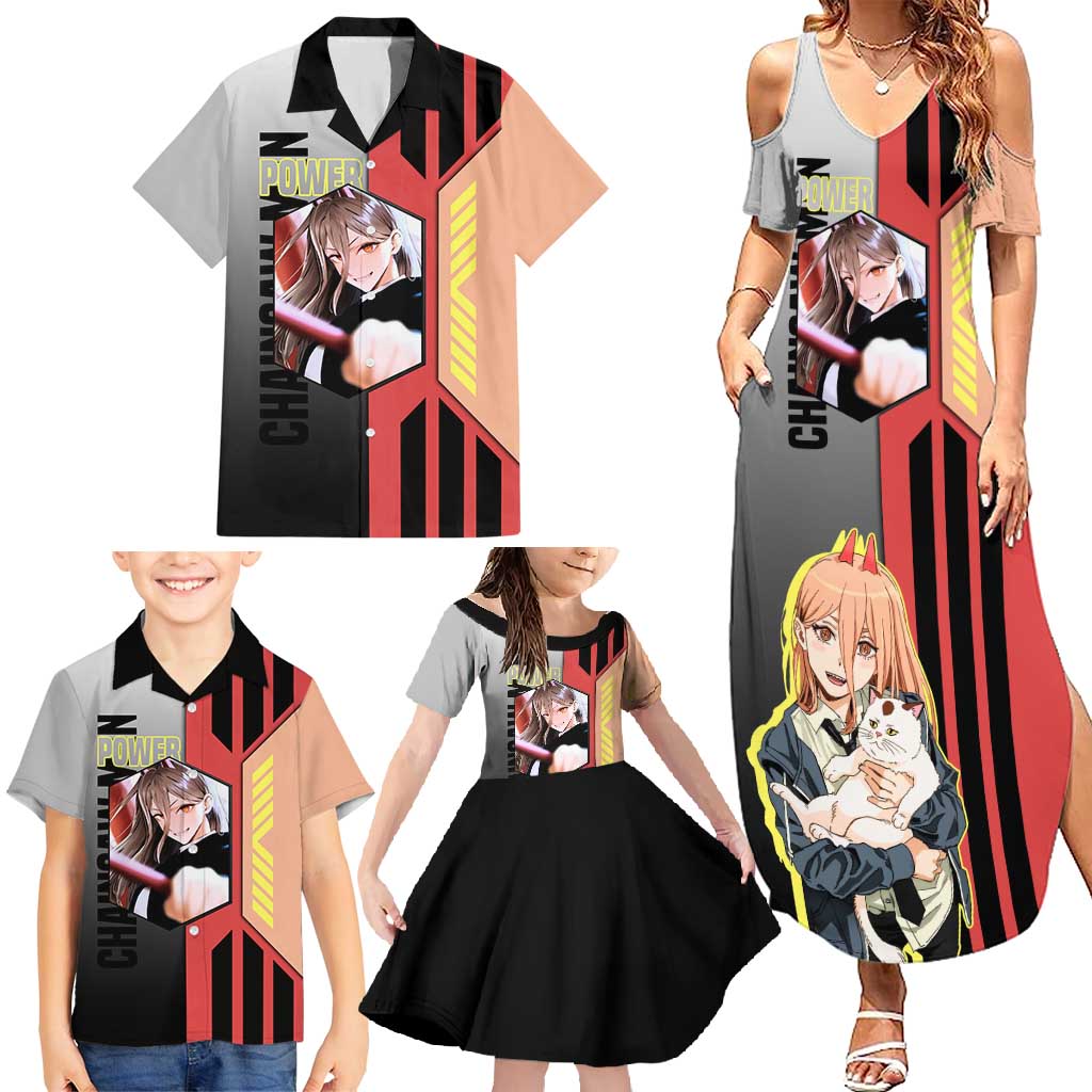 Power from Chainsaw Man Family Matching Summer Maxi Dress and Hawaiian Shirt with Cat in Hand and Stylish Pose Design - The Mazicc