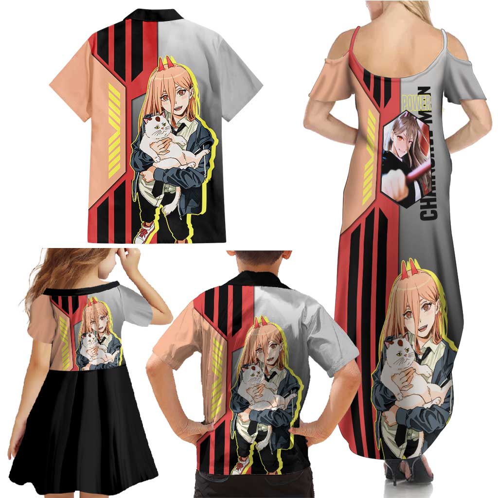 Power from Chainsaw Man Family Matching Summer Maxi Dress and Hawaiian Shirt with Cat in Hand and Stylish Pose Design - The Mazicc