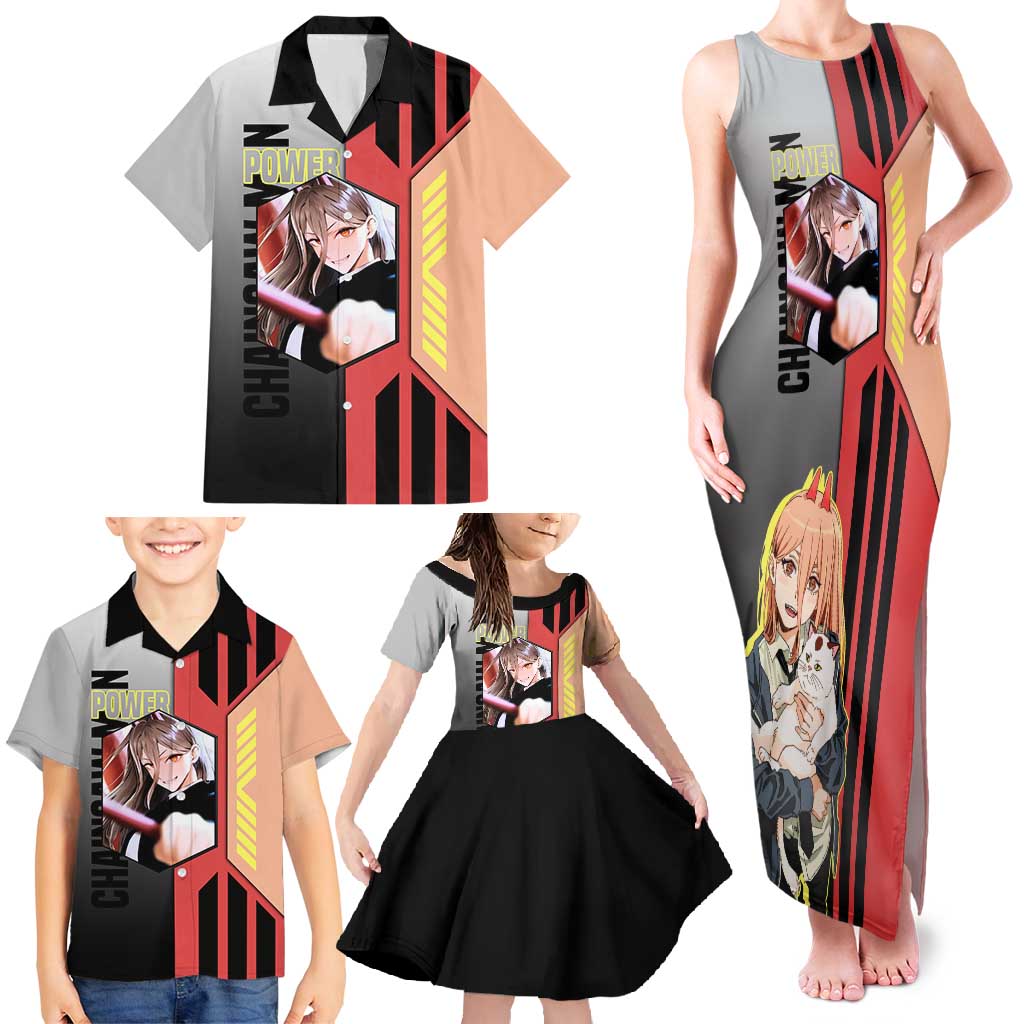 Power from Chainsaw Man Family Matching Tank Maxi Dress and Hawaiian Shirt with Cat in Hand and Stylish Pose Design - The Mazicc
