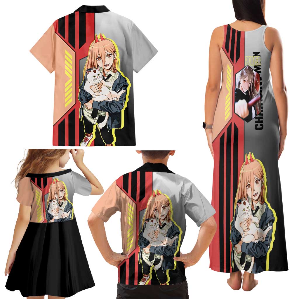 Power from Chainsaw Man Family Matching Tank Maxi Dress and Hawaiian Shirt with Cat in Hand and Stylish Pose Design - The Mazicc
