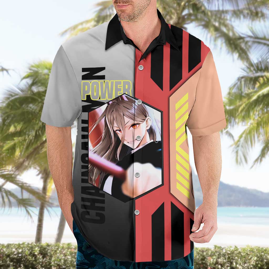 Power from Chainsaw Man Hawaiian Shirt with Cat in Hand and Stylish Pose Design - The Mazicc