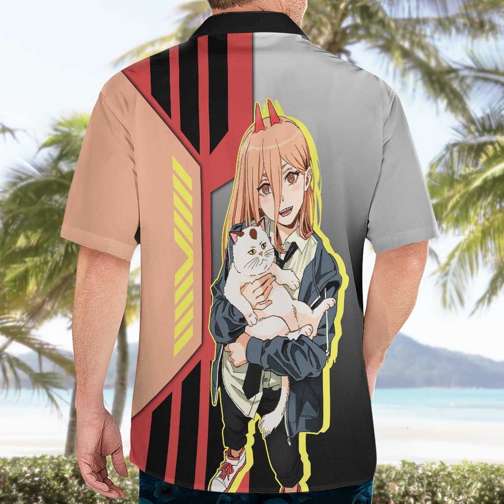 Power from Chainsaw Man Hawaiian Shirt with Cat in Hand and Stylish Pose Design - The Mazicc