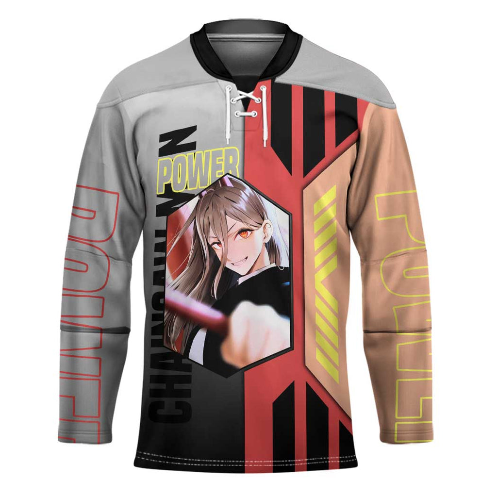 Power from Chainsaw Man Hockey Jersey with Cat in Hand and Stylish Pose Design - The Mazicc