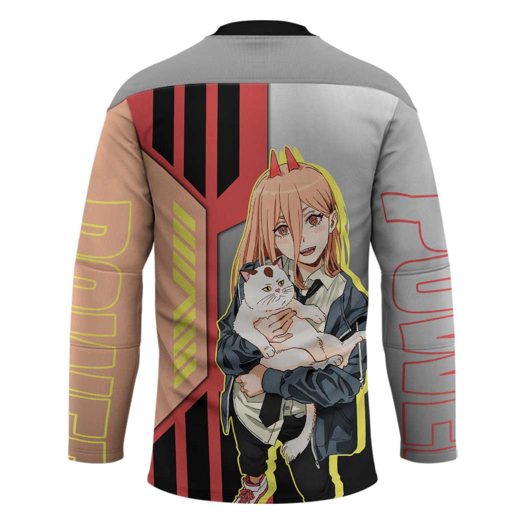 Power from Chainsaw Man Hockey Jersey with Cat in Hand and Stylish Pose Design - The Mazicc