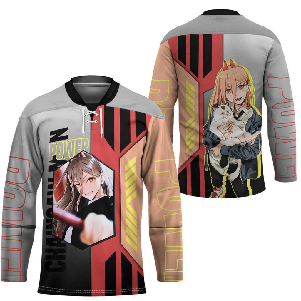 Power from Chainsaw Man Hockey Jersey with Cat in Hand and Stylish Pose Design - The Mazicc