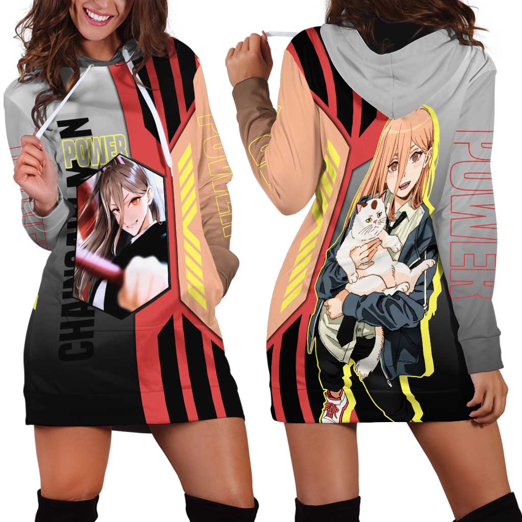 Power from Chainsaw Man Hoodie Dress with Cat in Hand and Stylish Pose Design - The Mazicc