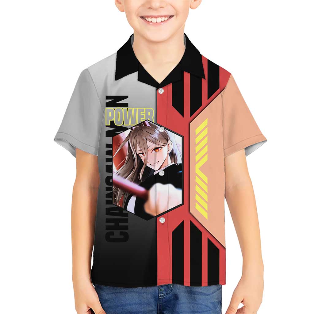 Power from Chainsaw Man Kid Hawaiian Shirt with Cat in Hand and Stylish Pose Design - The Mazicc