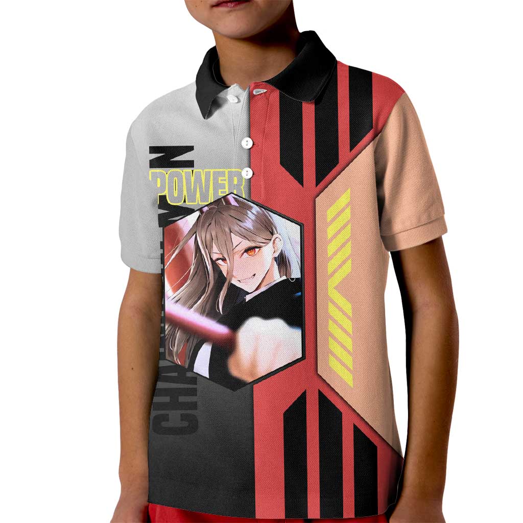 Power from Chainsaw Man Kid Polo Shirt with Cat in Hand and Stylish Pose Design - The Mazicc