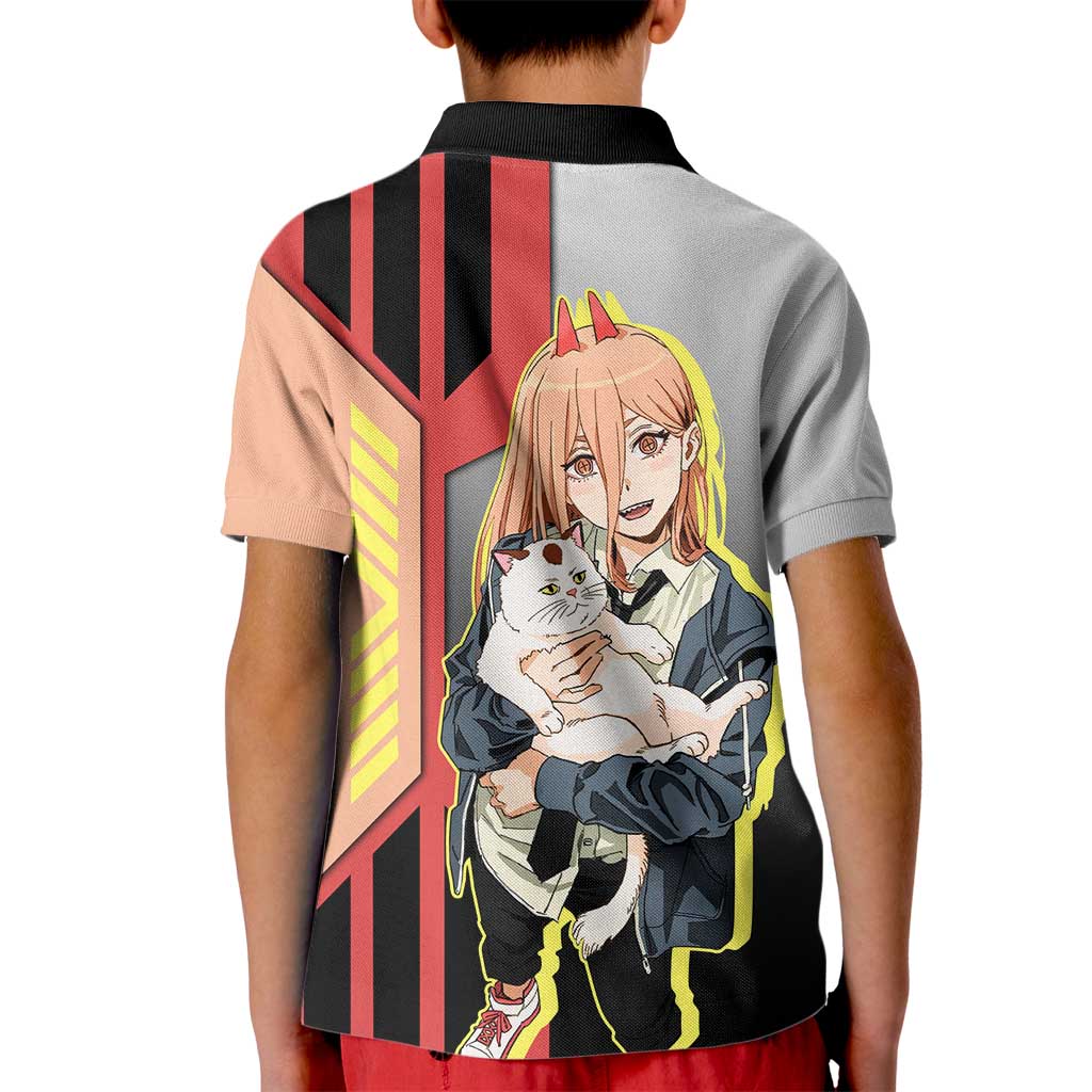 Power from Chainsaw Man Kid Polo Shirt with Cat in Hand and Stylish Pose Design - The Mazicc
