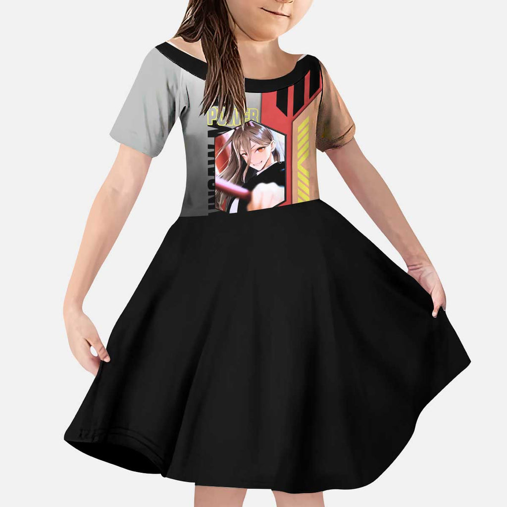 Power from Chainsaw Man Kid Short Sleeve Dress with Cat in Hand and Stylish Pose Design - The Mazicc
