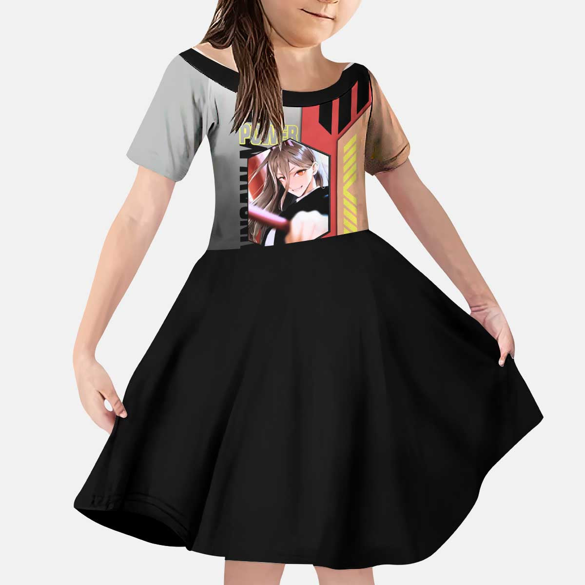 Power from Chainsaw Man Kid Short Sleeve Dress with Cat in Hand and Stylish Pose Design - The Mazicc