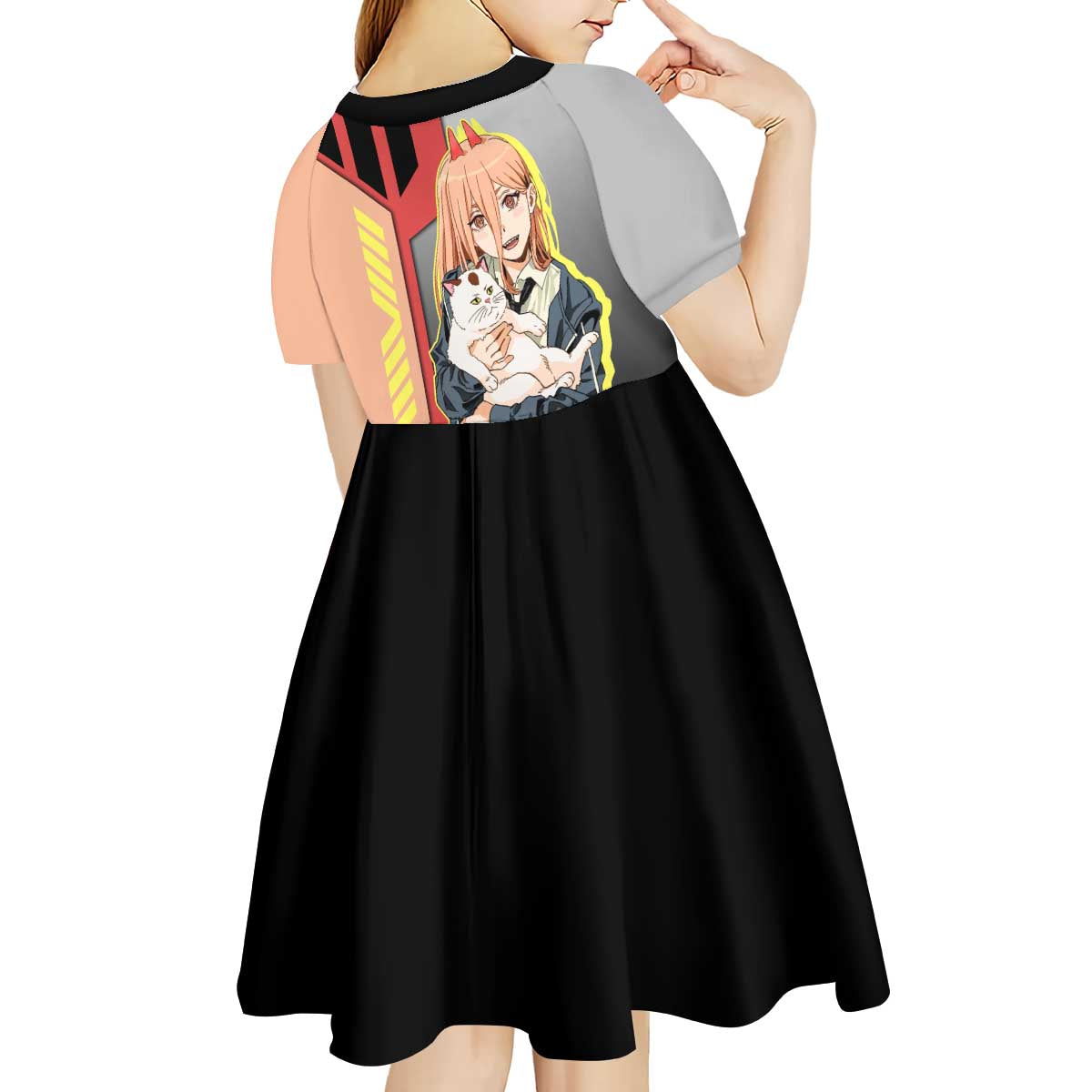 Power from Chainsaw Man Kid Short Sleeve Dress with Cat in Hand and Stylish Pose Design - The Mazicc