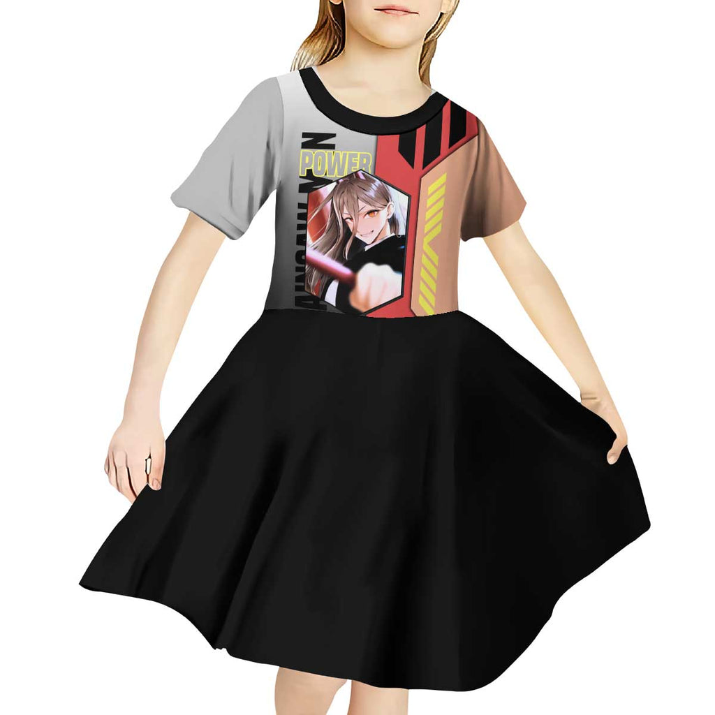 Power from Chainsaw Man Kid Short Sleeve Dress with Cat in Hand and Stylish Pose Design - The Mazicc