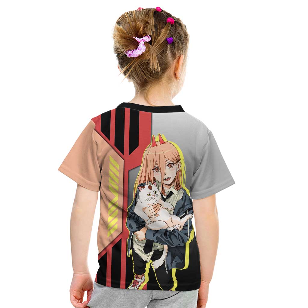 Power from Chainsaw Man Kid T Shirt with Cat in Hand and Stylish Pose Design - The Mazicc