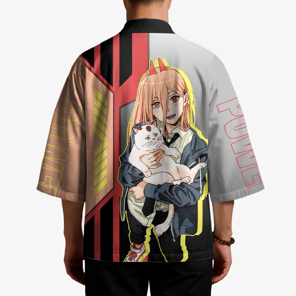 Power from Chainsaw Man Kimono with Cat in Hand and Stylish Pose Design - The Mazicc