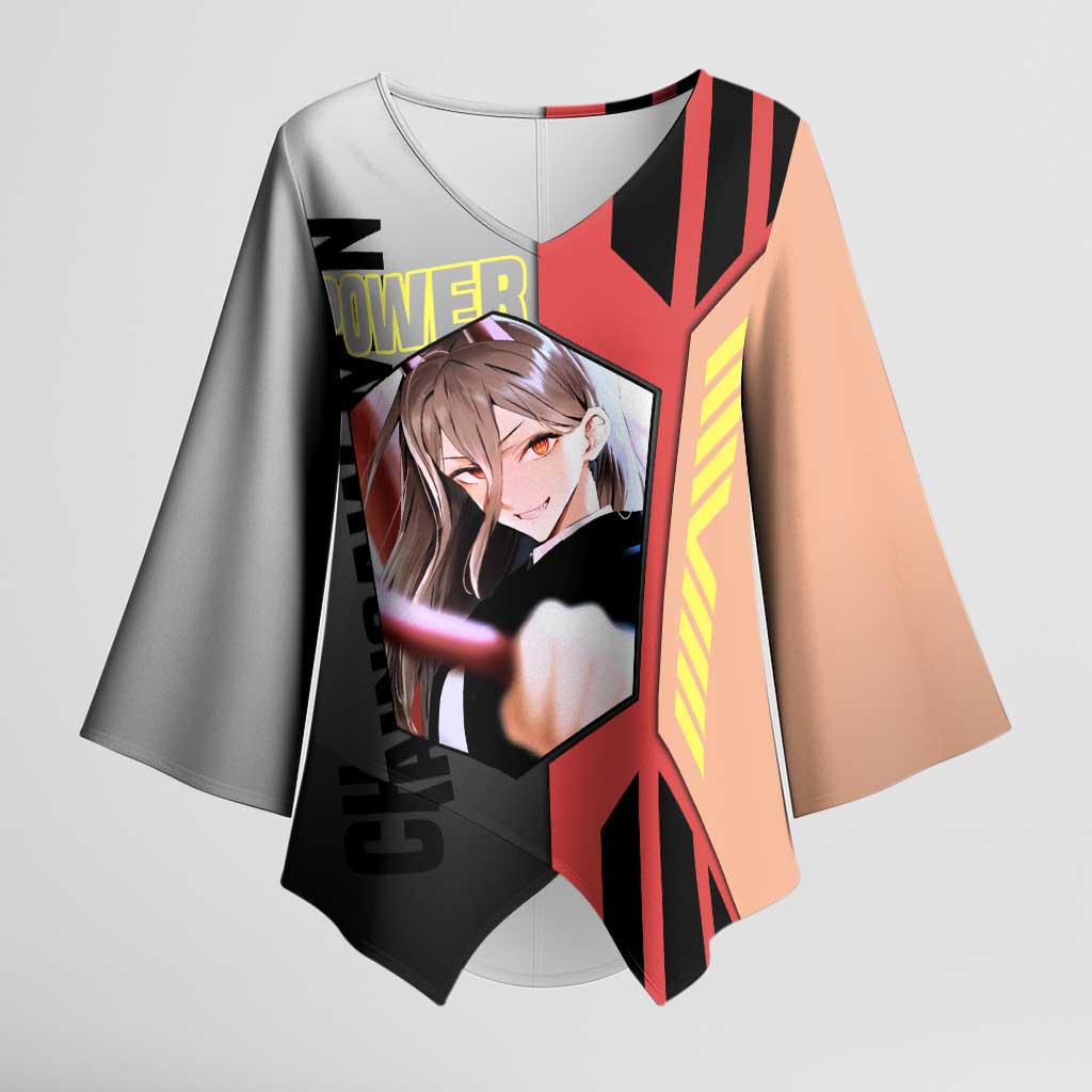 Power from Chainsaw Man Kimono Sleeve Blouse with Cat in Hand and Stylish Pose Design - The Mazicc