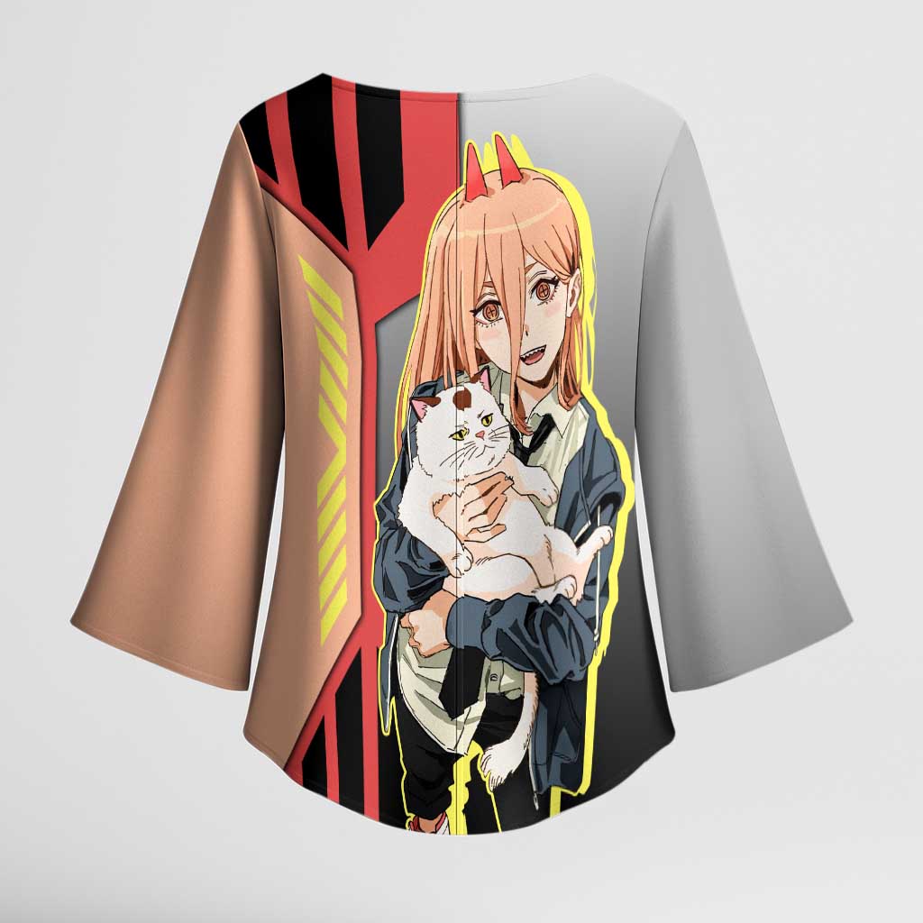 Power from Chainsaw Man Kimono Sleeve Blouse with Cat in Hand and Stylish Pose Design - The Mazicc