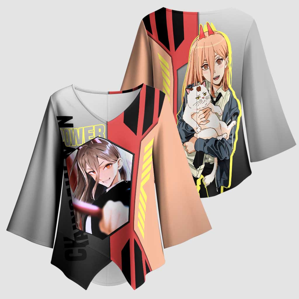 Power from Chainsaw Man Kimono Sleeve Blouse with Cat in Hand and Stylish Pose Design - The Mazicc