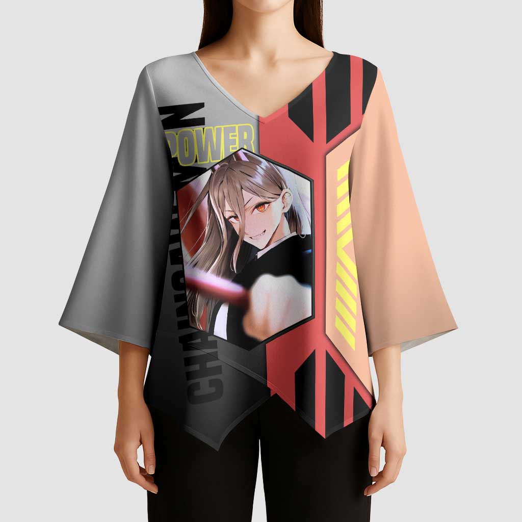 Power from Chainsaw Man Kimono Sleeve Blouse with Cat in Hand and Stylish Pose Design - The Mazicc