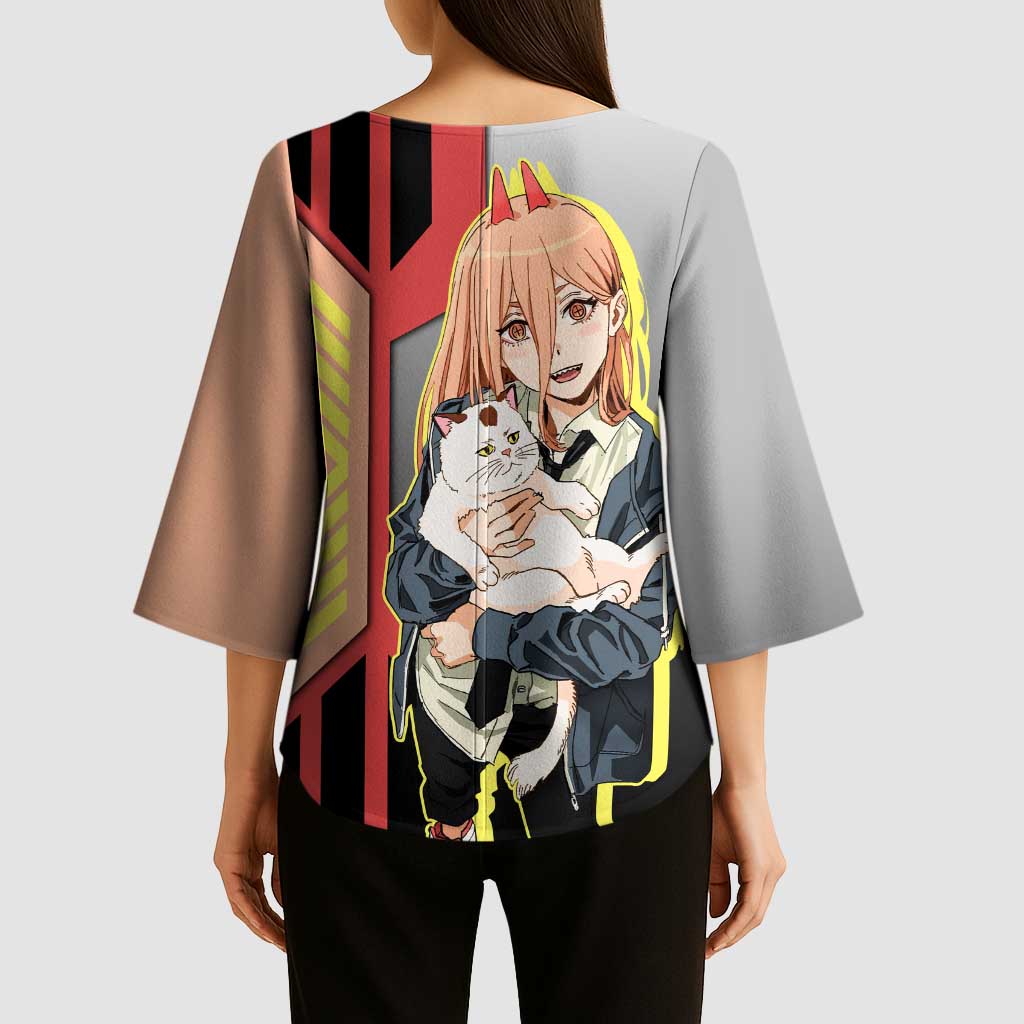 Power from Chainsaw Man Kimono Sleeve Blouse with Cat in Hand and Stylish Pose Design - The Mazicc