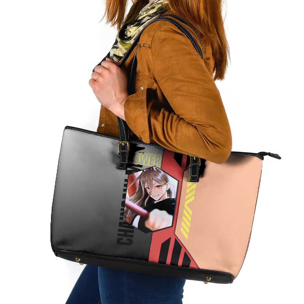Power from Chainsaw Man Leather Tote Bag with Cat in Hand and Stylish Pose Design - The Mazicc