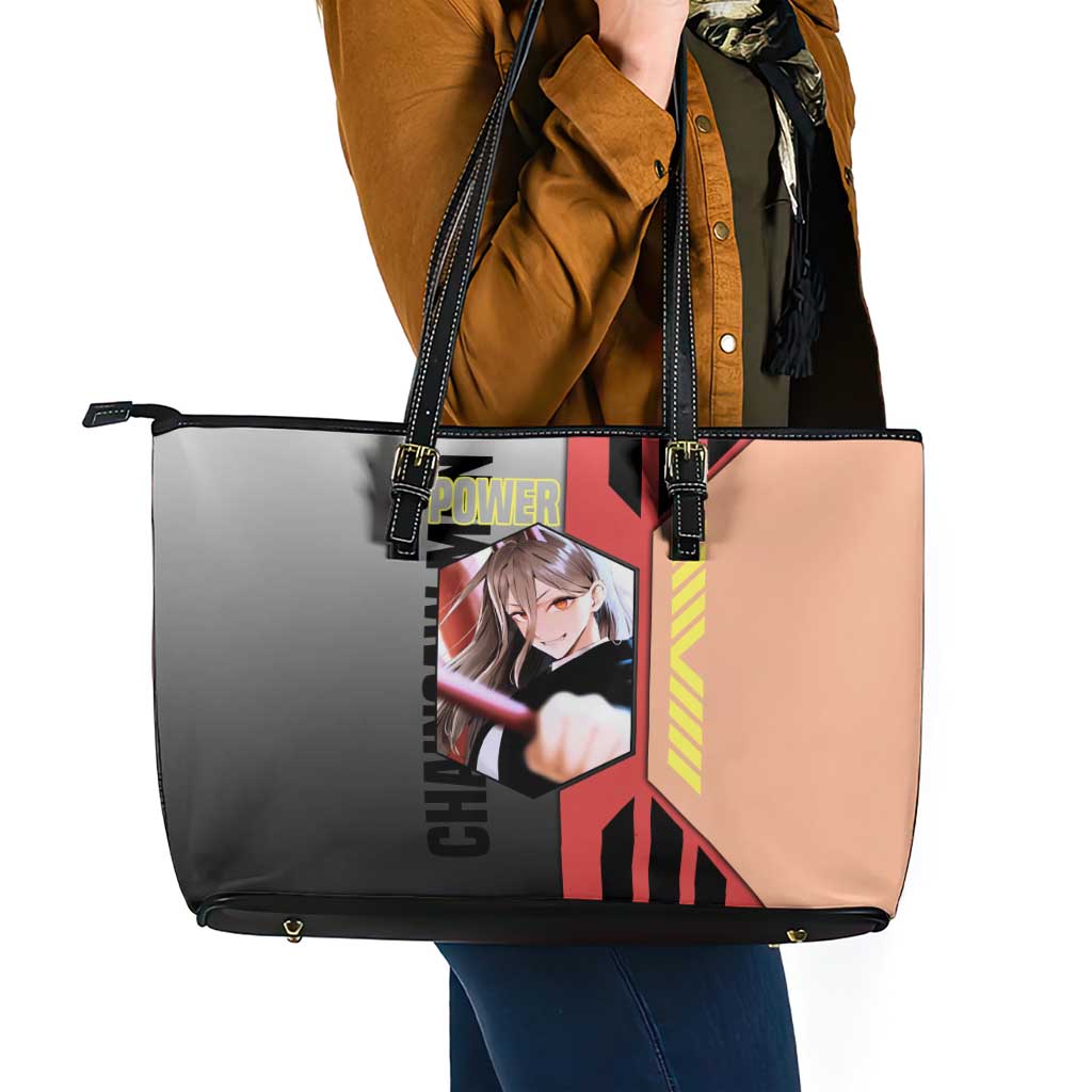 Power from Chainsaw Man Leather Tote Bag with Cat in Hand and Stylish Pose Design - The Mazicc