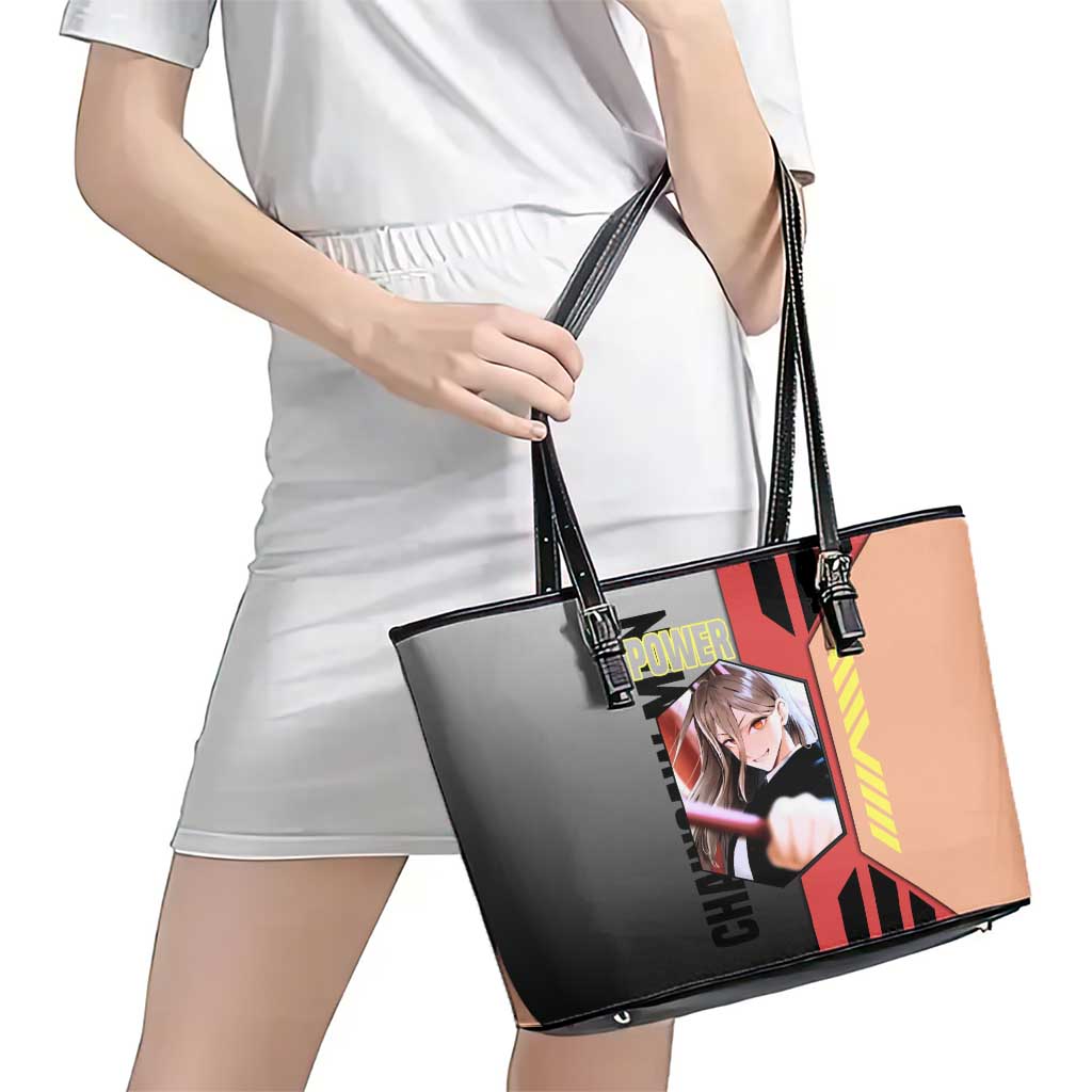 Power from Chainsaw Man Leather Tote Bag with Cat in Hand and Stylish Pose Design - The Mazicc