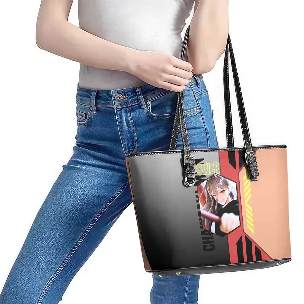 Power from Chainsaw Man Leather Tote Bag with Cat in Hand and Stylish Pose Design - The Mazicc