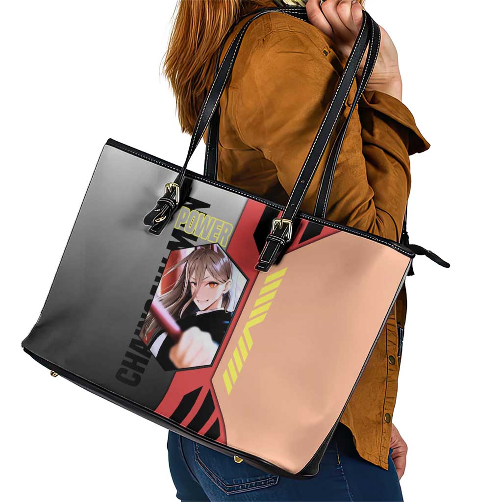 Power from Chainsaw Man Leather Tote Bag with Cat in Hand and Stylish Pose Design - The Mazicc