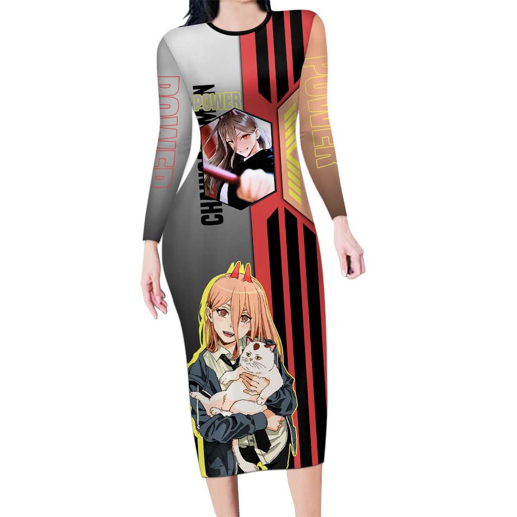 Power from Chainsaw Man Long Sleeve Bodycon Dress with Cat in Hand and Stylish Pose Design - The Mazicc