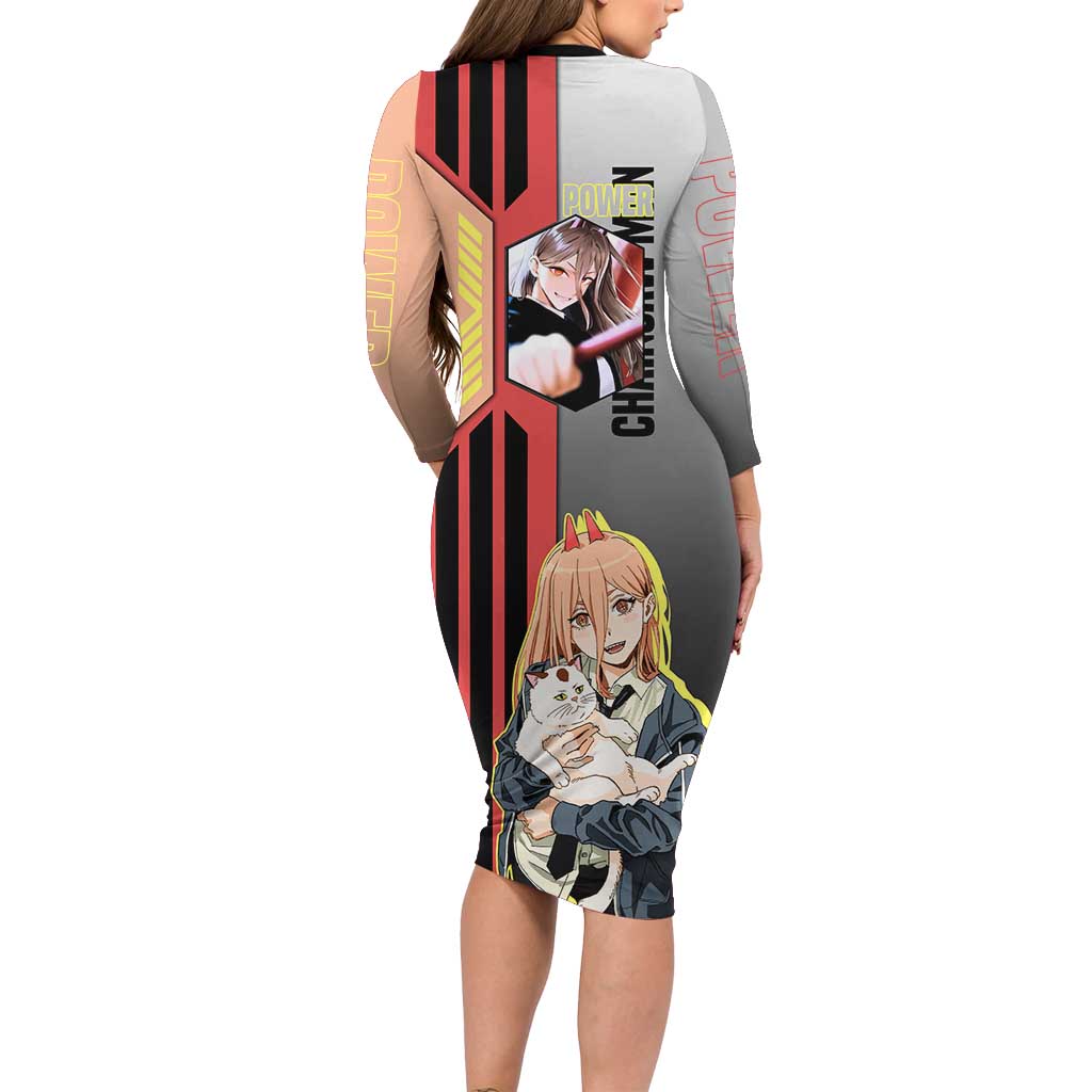 Power from Chainsaw Man Long Sleeve Bodycon Dress with Cat in Hand and Stylish Pose Design - The Mazicc
