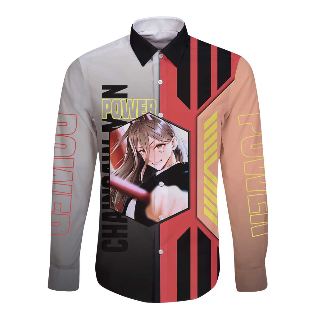 Power from Chainsaw Man Long Sleeve Button Shirt with Cat in Hand and Stylish Pose Design - The Mazicc