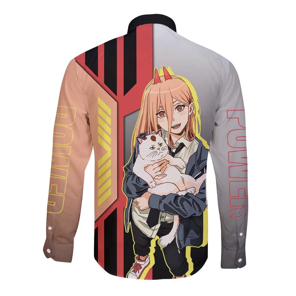 Power from Chainsaw Man Long Sleeve Button Shirt with Cat in Hand and Stylish Pose Design - The Mazicc
