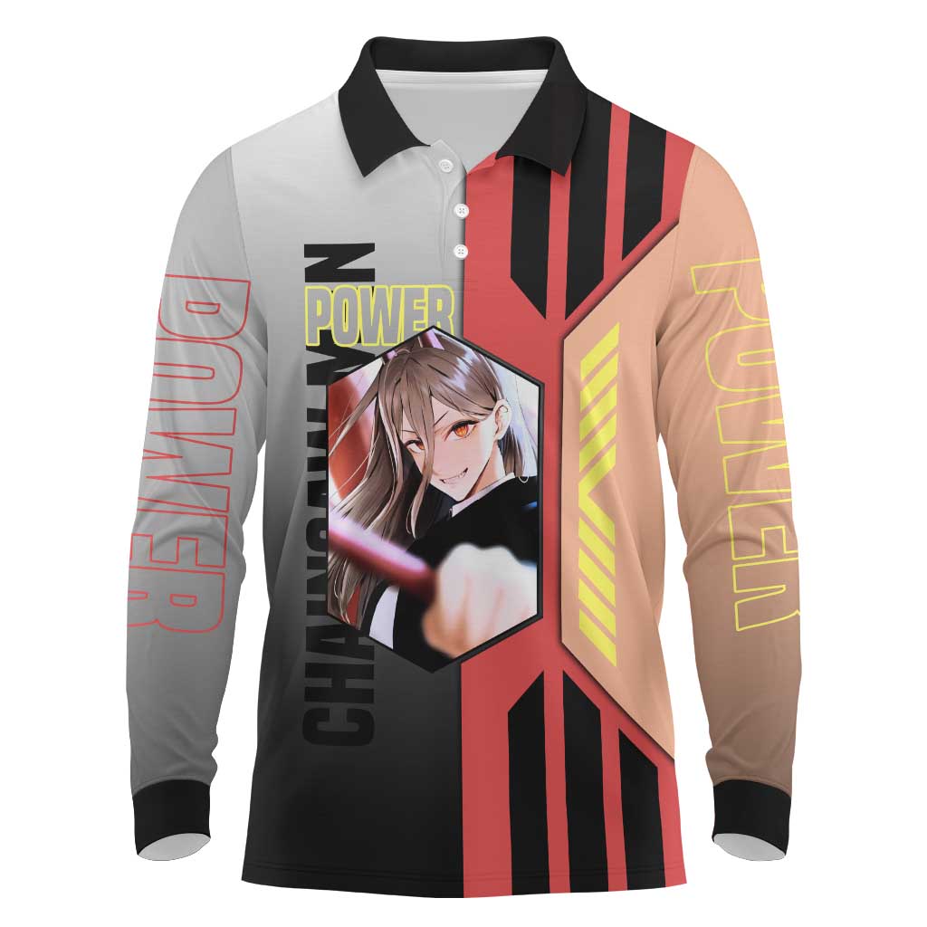Power from Chainsaw Man Long Sleeve Polo Shirt with Cat in Hand and Stylish Pose Design - The Mazicc