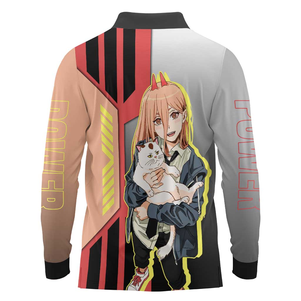 Power from Chainsaw Man Long Sleeve Polo Shirt with Cat in Hand and Stylish Pose Design - The Mazicc