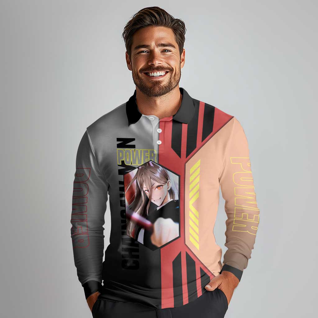 Power from Chainsaw Man Long Sleeve Polo Shirt with Cat in Hand and Stylish Pose Design - The Mazicc