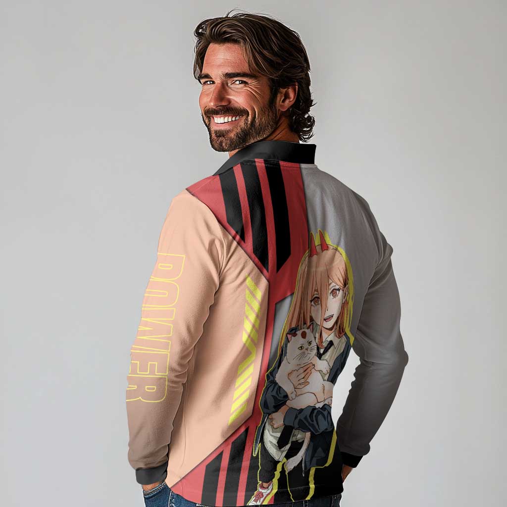 Power from Chainsaw Man Long Sleeve Polo Shirt with Cat in Hand and Stylish Pose Design - The Mazicc