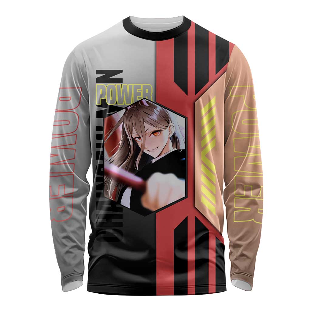 Power from Chainsaw Man Long Sleeve Shirt with Cat in Hand and Stylish Pose Design - The Mazicc