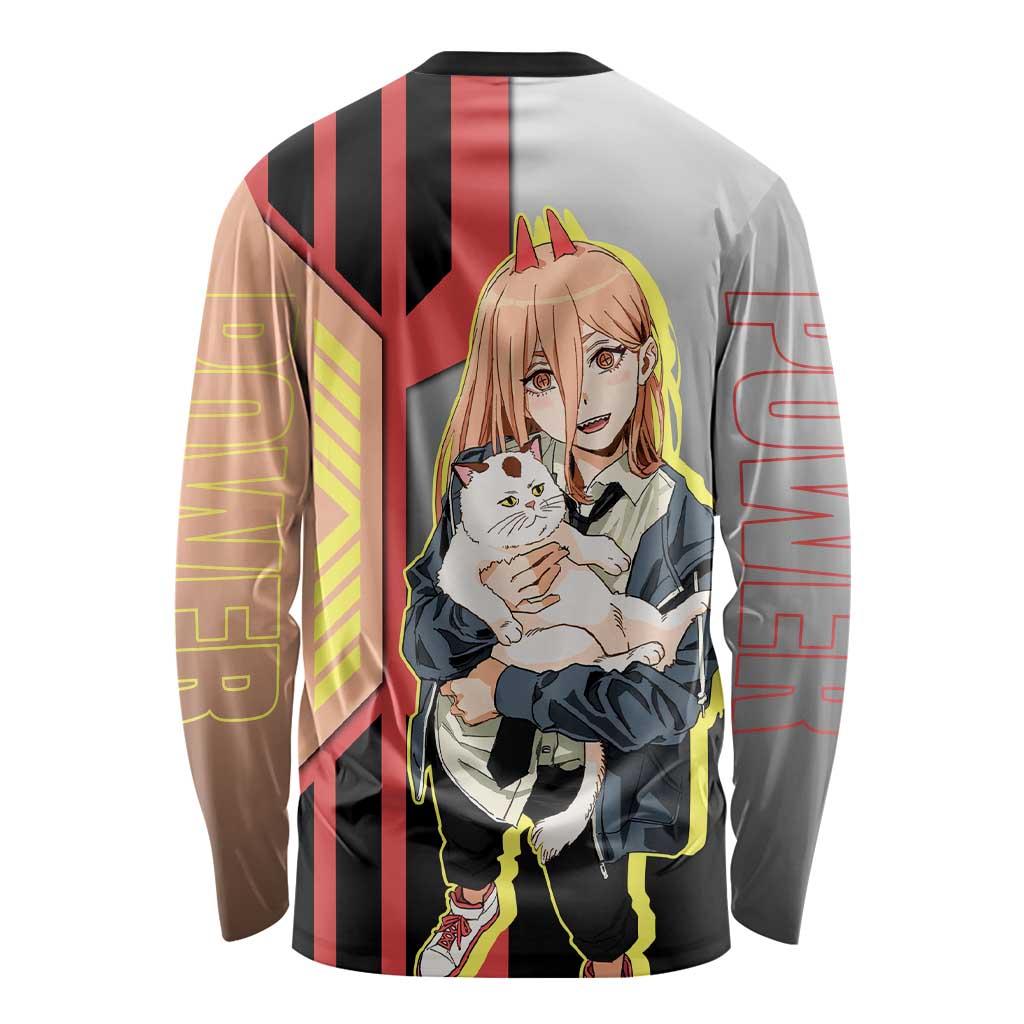 Power from Chainsaw Man Long Sleeve Shirt with Cat in Hand and Stylish Pose Design - The Mazicc