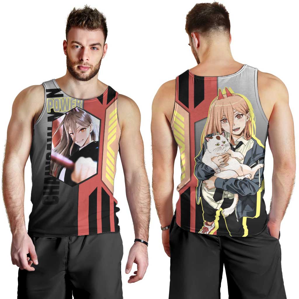 Power from Chainsaw Man Men Tank Top with Cat in Hand and Stylish Pose Design - The Mazicc