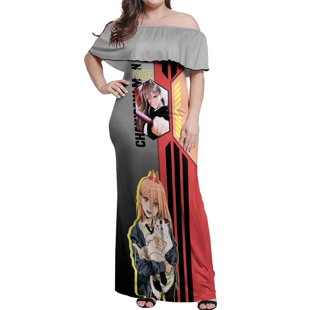 Power from Chainsaw Man Off Shoulder Maxi Dress with Cat in Hand and Stylish Pose Design - The Mazicc