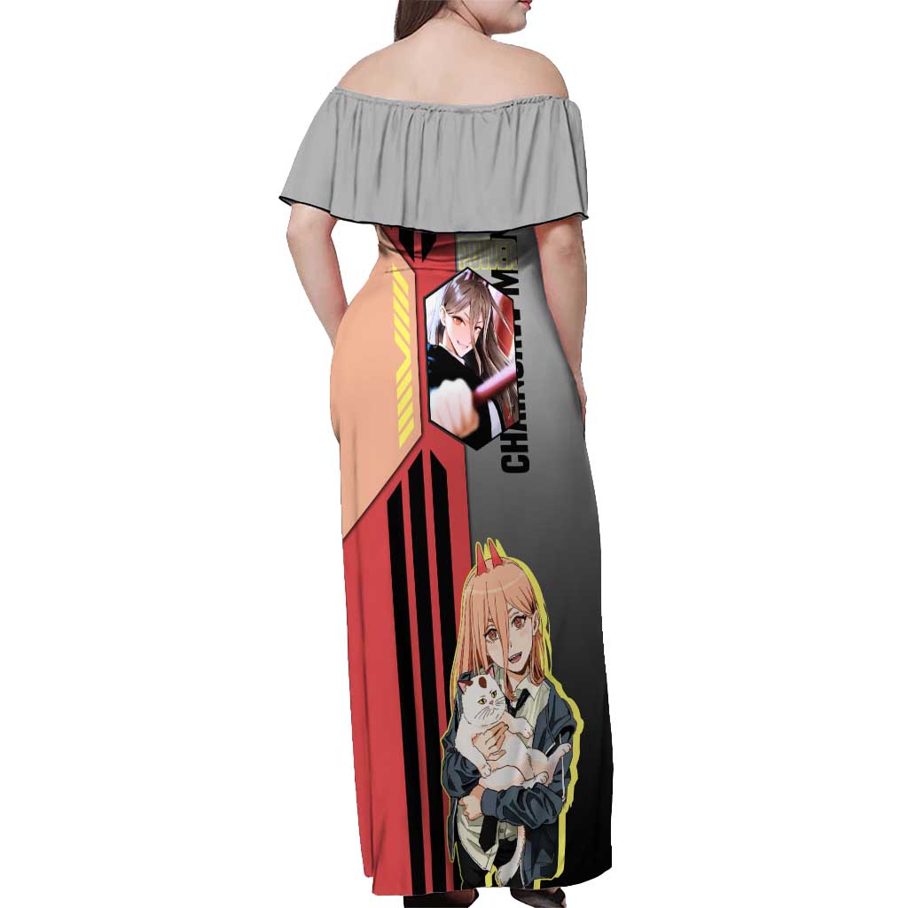 Power from Chainsaw Man Off Shoulder Maxi Dress with Cat in Hand and Stylish Pose Design - The Mazicc