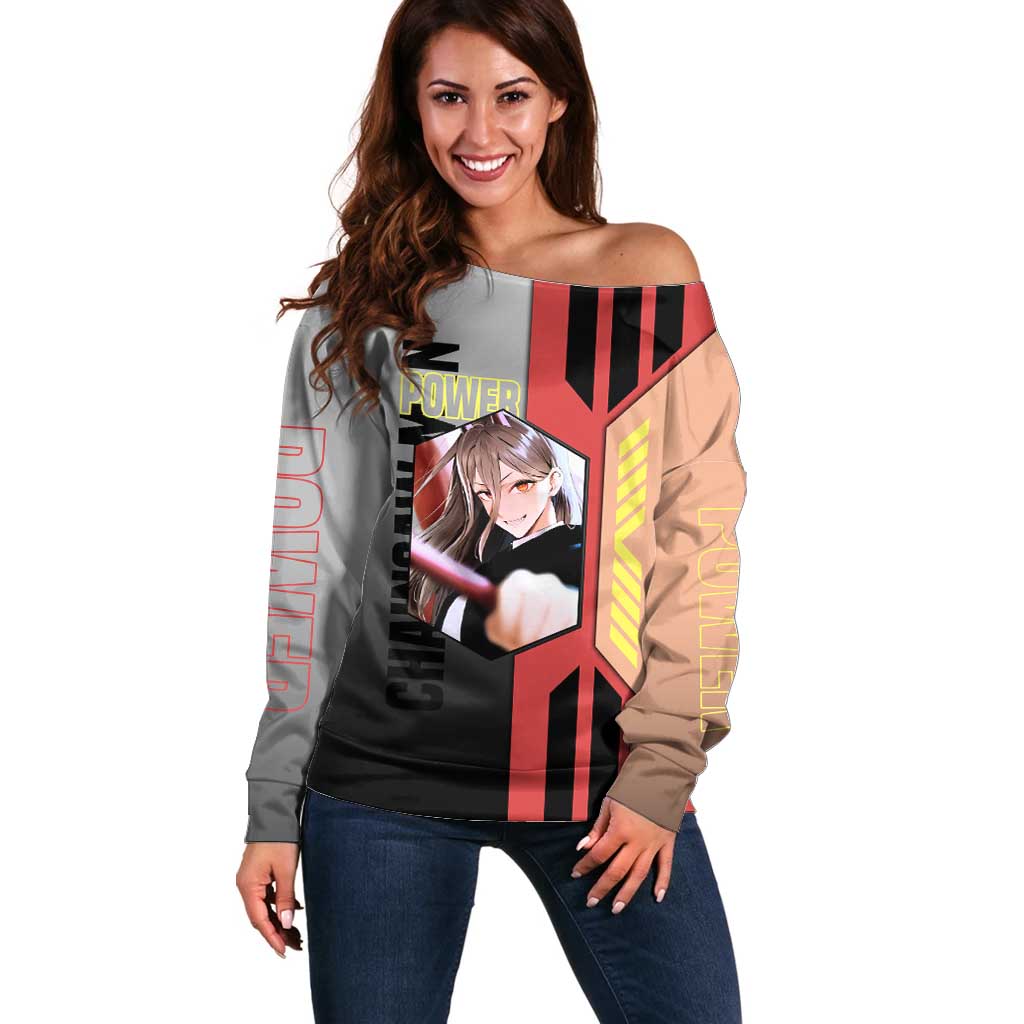 Power from Chainsaw Man Off Shoulder Sweater with Cat in Hand and Stylish Pose Design - The Mazicc
